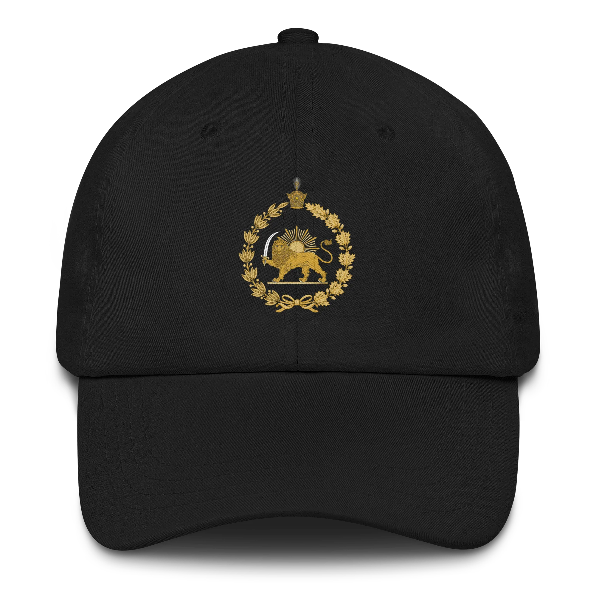 Lion & Sun Hat in Black – Persian heritage dad cap, front view