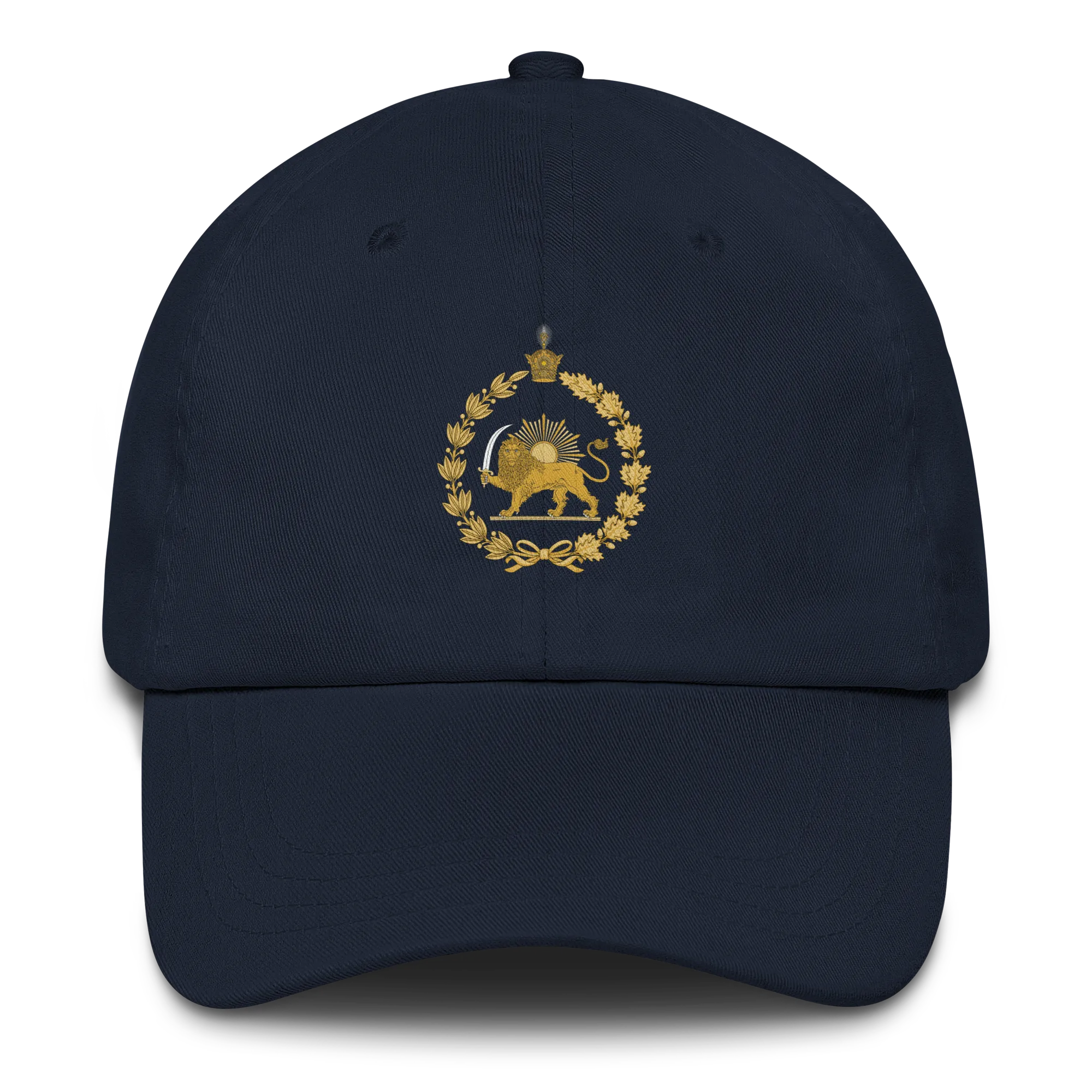 Lion & Sun Hat in Navy – Persian heritage embroidered cap, front view