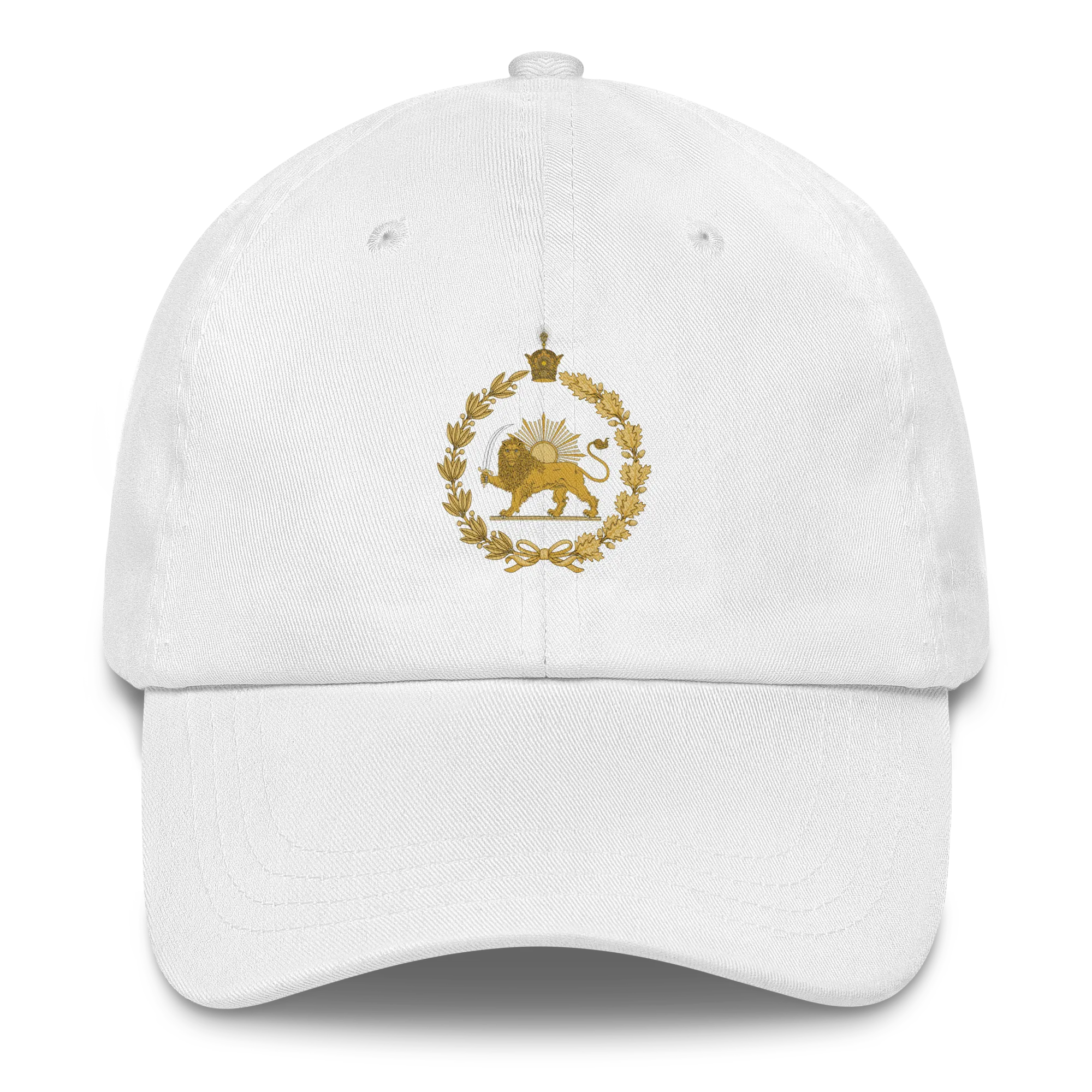 Lion & Sun Hat in White – Lion and Sun embroidered cap, front view