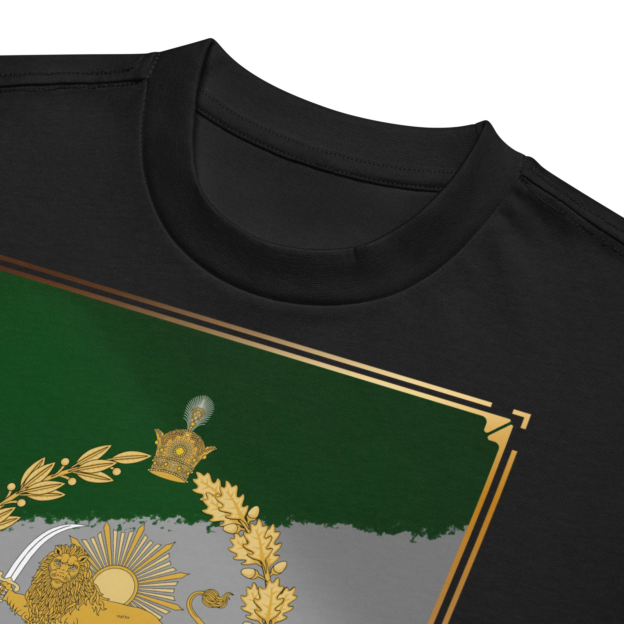 Javid Shah Lion & Sun Dark Edition T-Shirt – close-up of Lion & Sun print detail